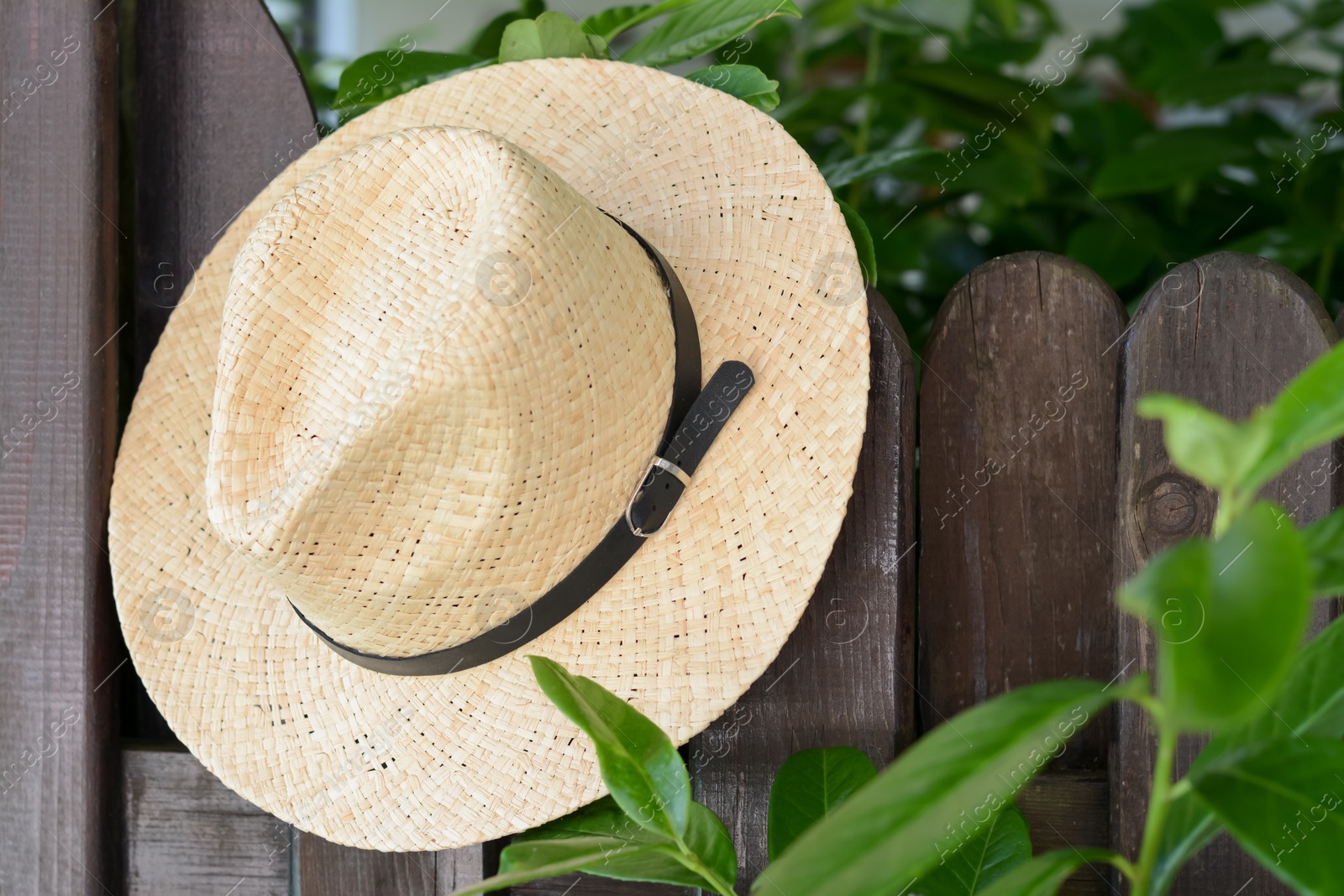 Photo of Stylish hat hanging on wooden fence. Beach accessory