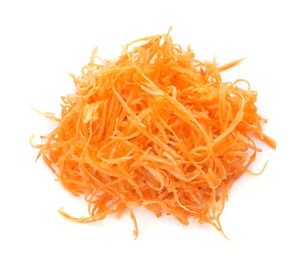 Photo of Grated ripe carrot on white background