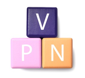 Photo of Colorful cubes with acronym VPN on white background, top view