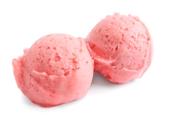 Photo of Scoops of delicious strawberry ice cream on white background