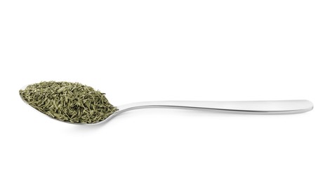 Spoon of dried thyme isolated on white