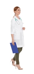 Full length portrait of medical doctor with clipboard and stethoscope isolated on white