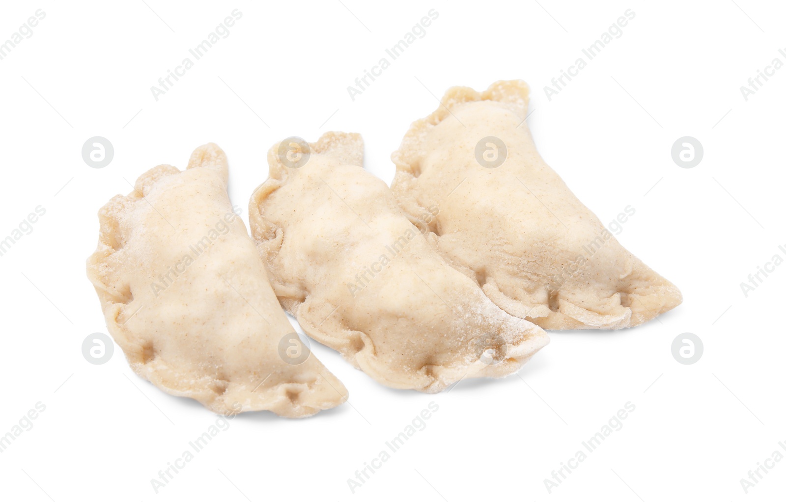 Photo of Raw dumplings (varenyky) with cottage cheese isolated on white