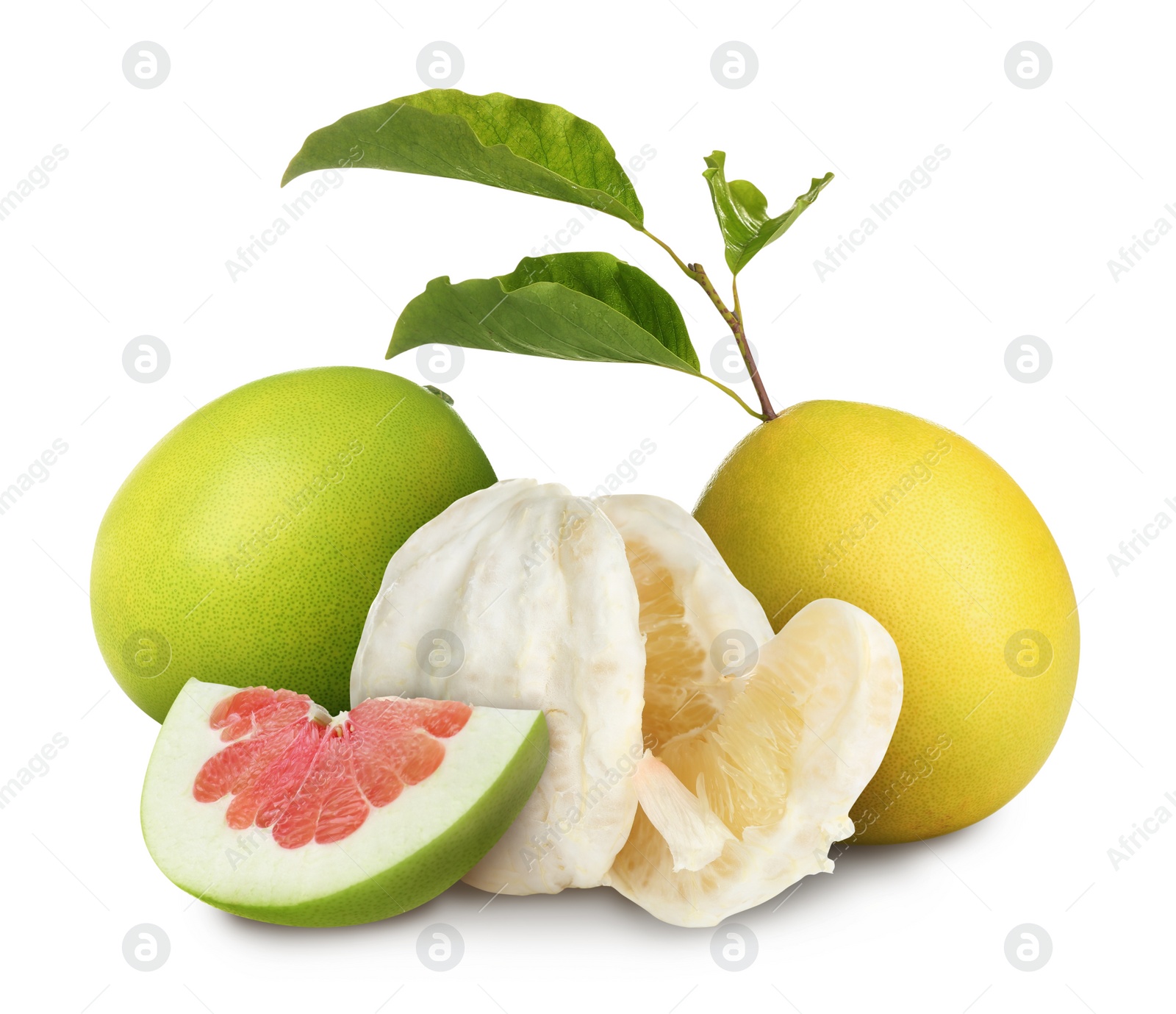 Image of Cut and whole fresh pomelo fruits on white background