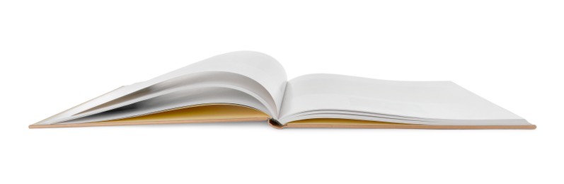 Open book with hard cover on white background