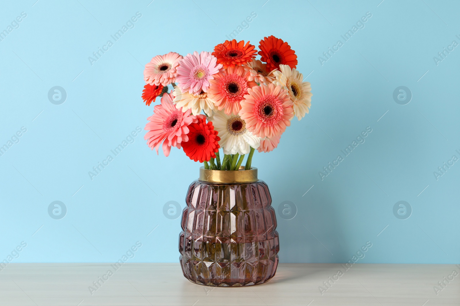 Photo of Bouquet of beautiful colorful gerbera flowers in vase on table against light blue background