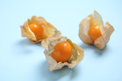 Ripe physalis fruits with dry husk on light blue background, closeup
