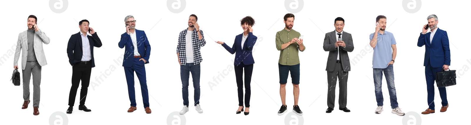 Image of Collage with photos of people using mobile phones on white background