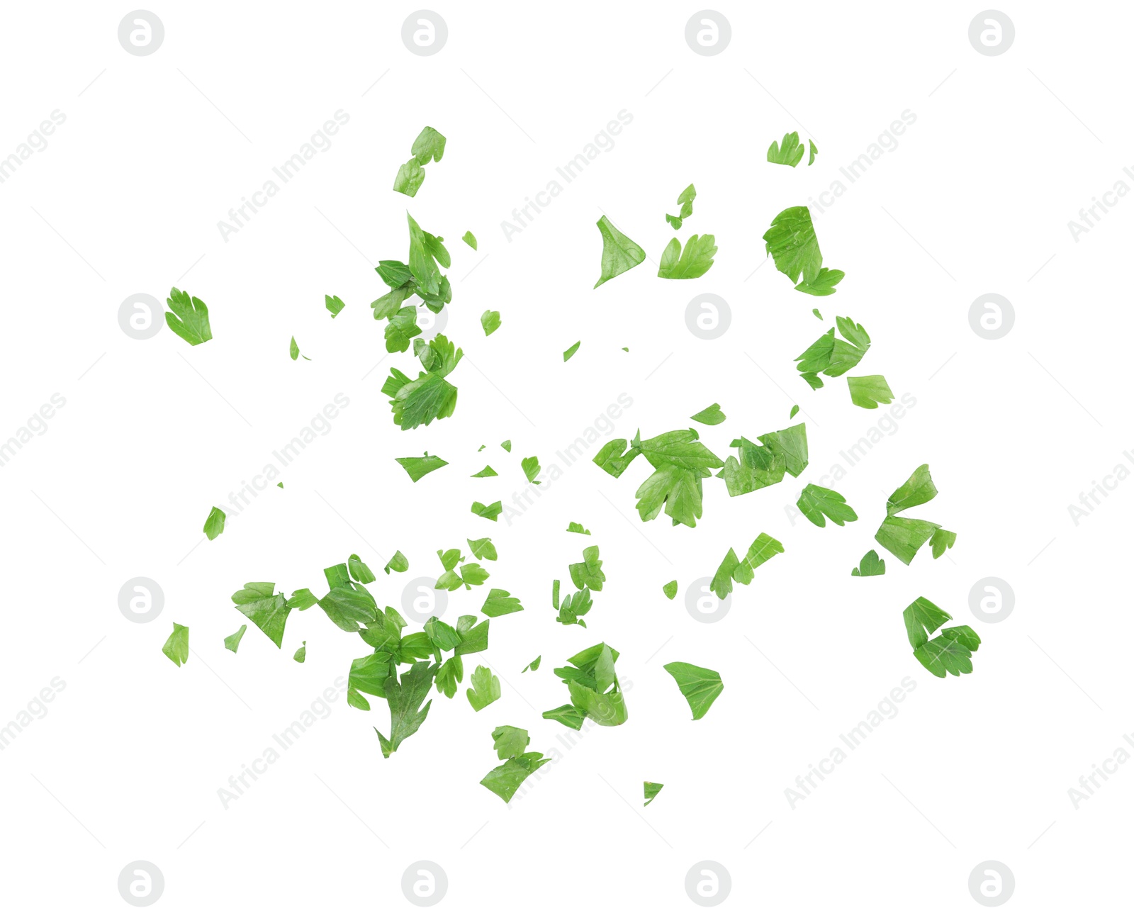 Chopped parsley leaves isolated on white, top view Photo of Chopped parsley leaves isolated on white, top view