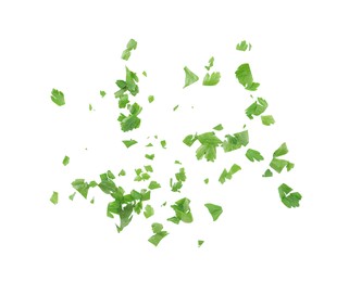 Photo of Chopped parsley leaves isolated on white, top view