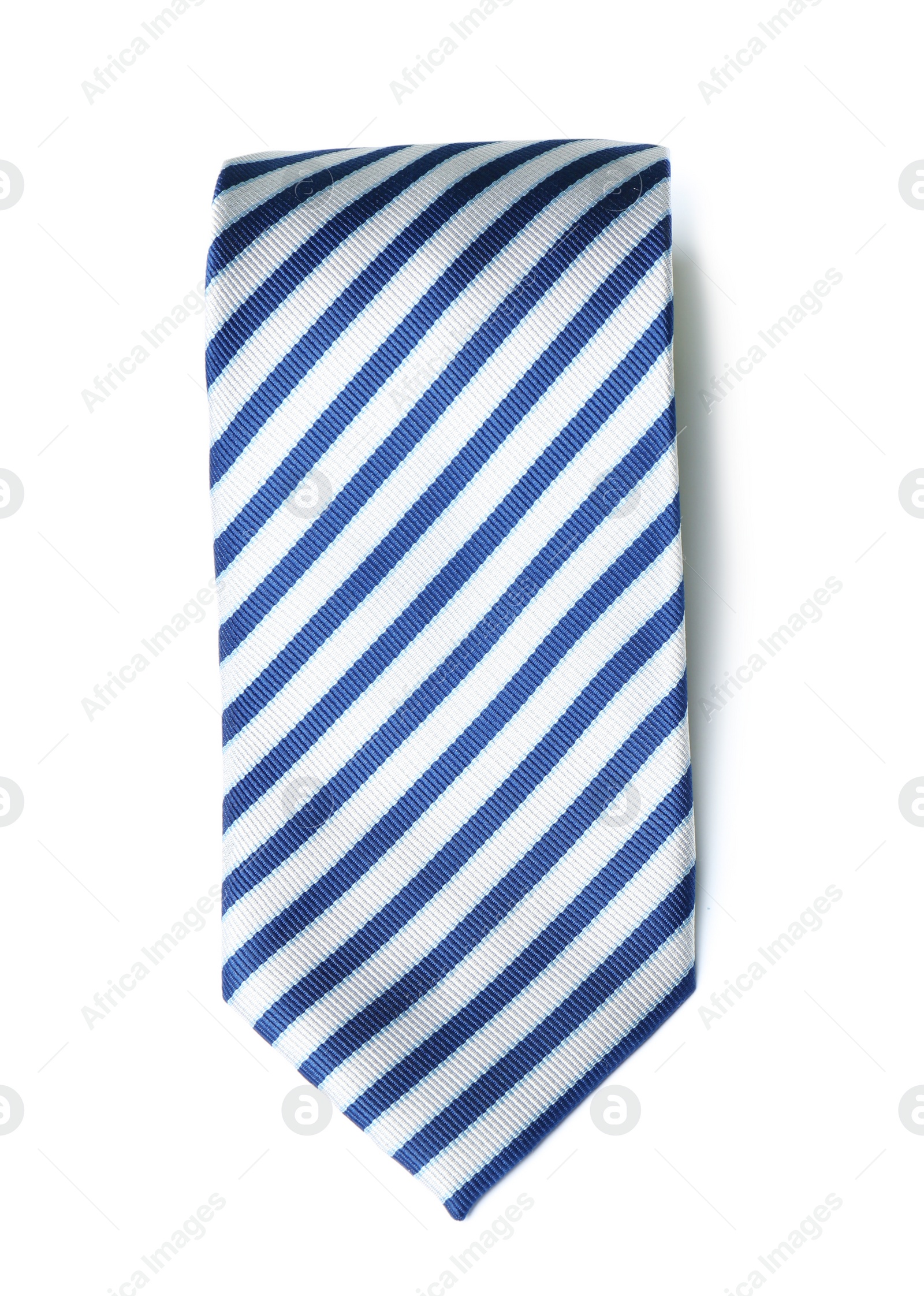 Photo of Striped male tie isolated on white, top view