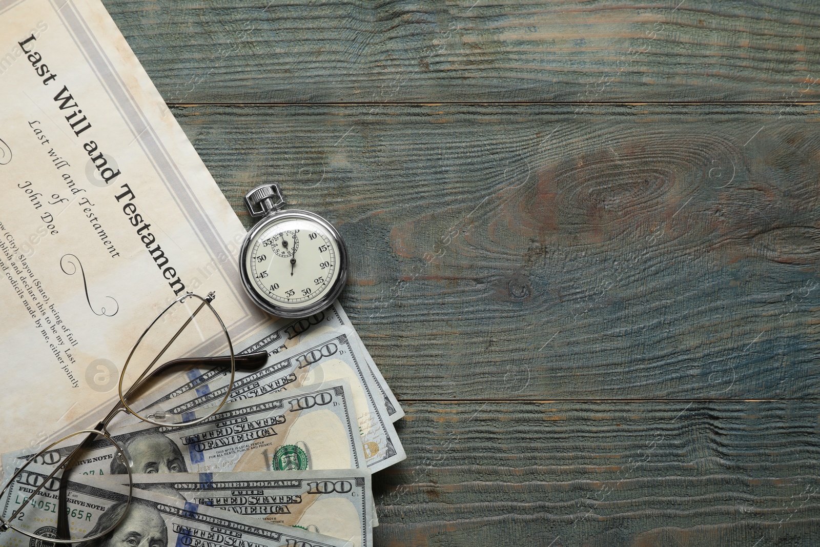 Photo of Last Will and Testament, pocket watch, glasses and dollar bills on rustic wooden table, flat lay. Space for text