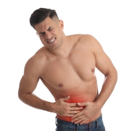 Photo of Man suffering from liver pain on white background