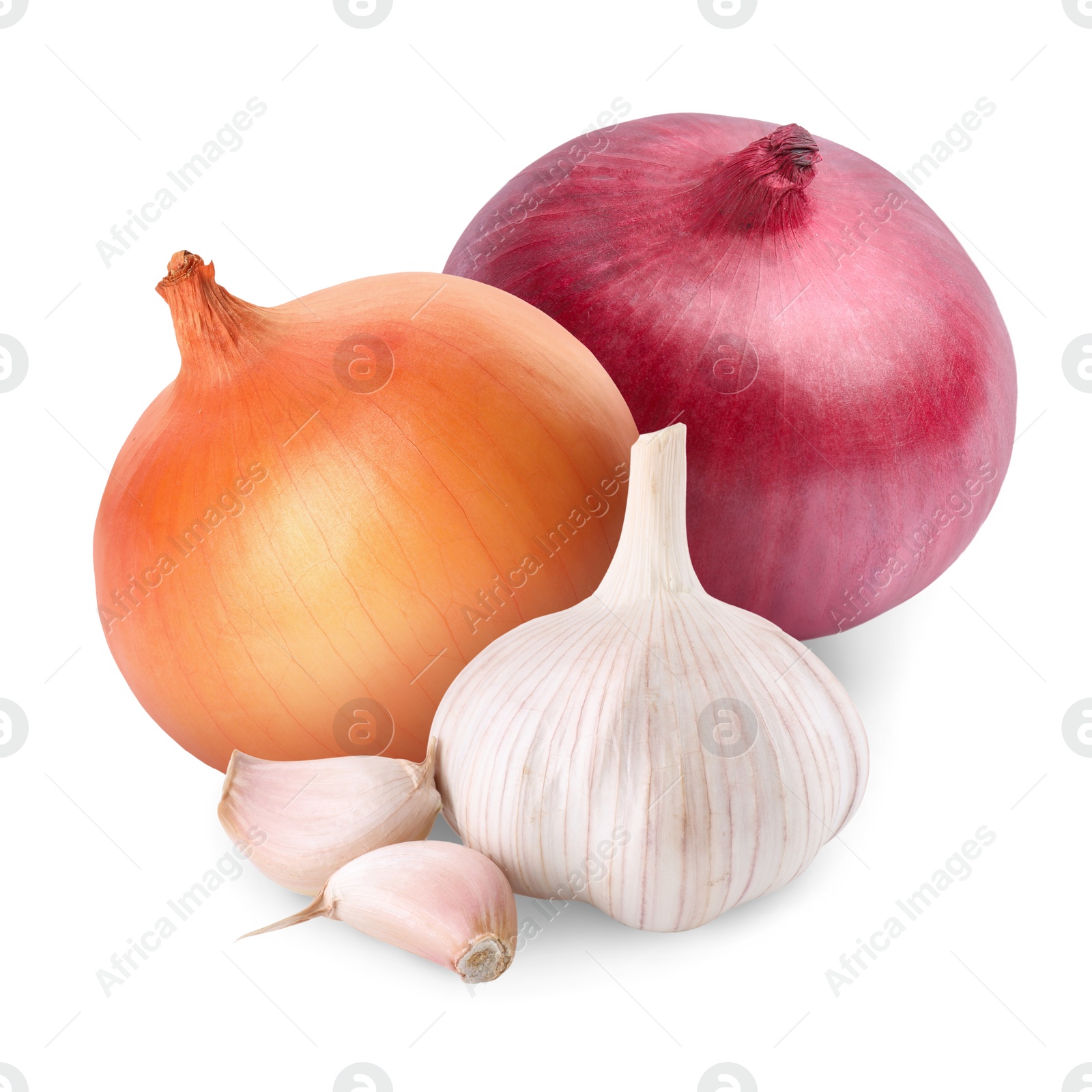 Image of Garlic, red and yellow onion bulbs isolated on white