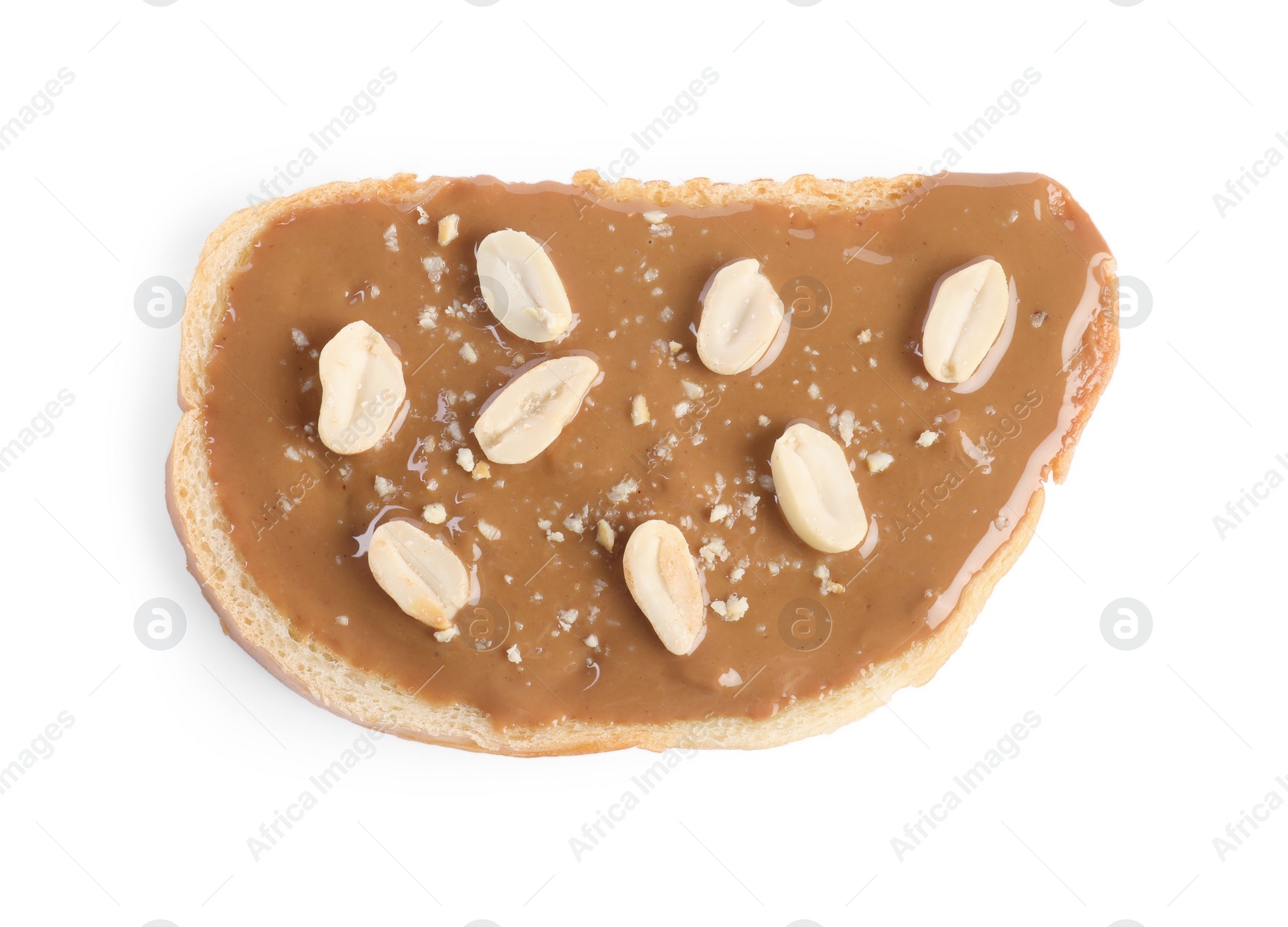 Photo of Toast with tasty nut butter and peanuts isolated on white, top view