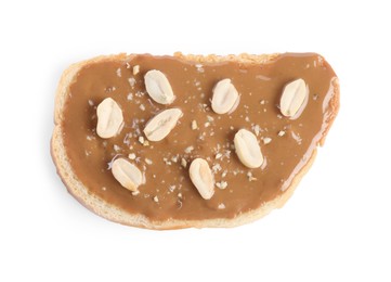 Photo of Toast with tasty nut butter and peanuts isolated on white, top view