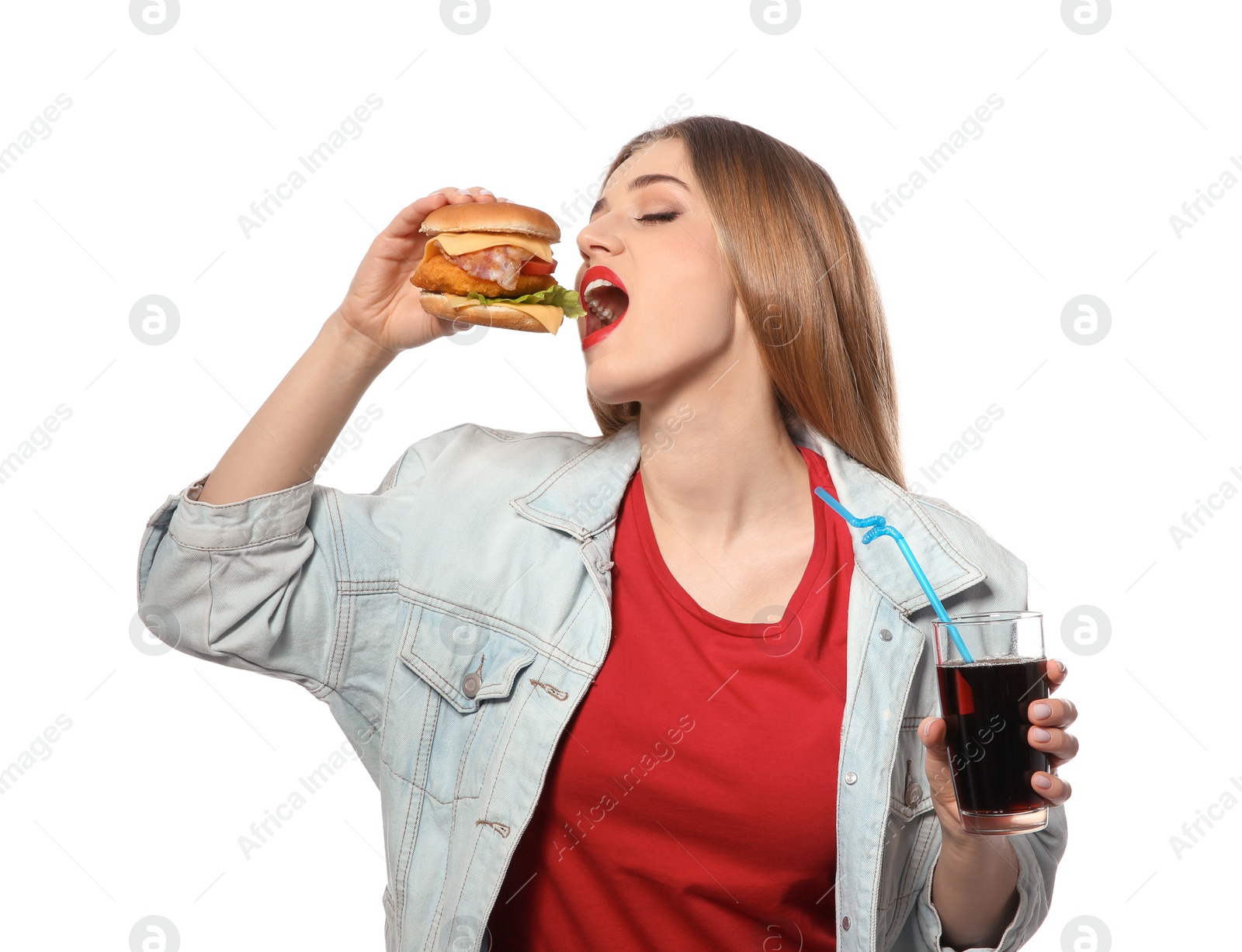 Photo of Pretty woman with tasty burger and cola isolated on white