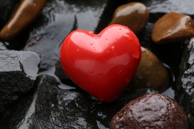 Red decorative heart on stones and water, closeup