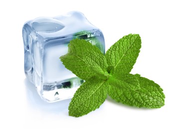 Image of Green mint and ice cube isolated on white