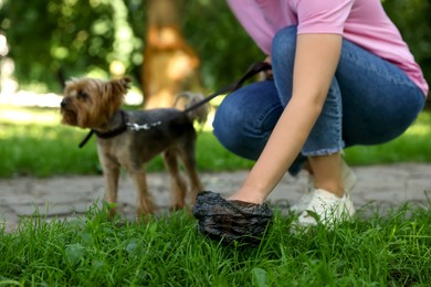 Photo of Woman picking up her dog's poop from green grass in park, closeup. Space for text