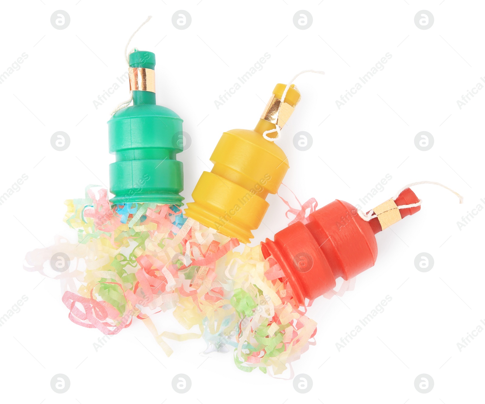 Photo of Colorful streamers with bright party crackers isolated on white, top view