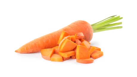 Photo of Whole and cut ripe carrots isolated on white