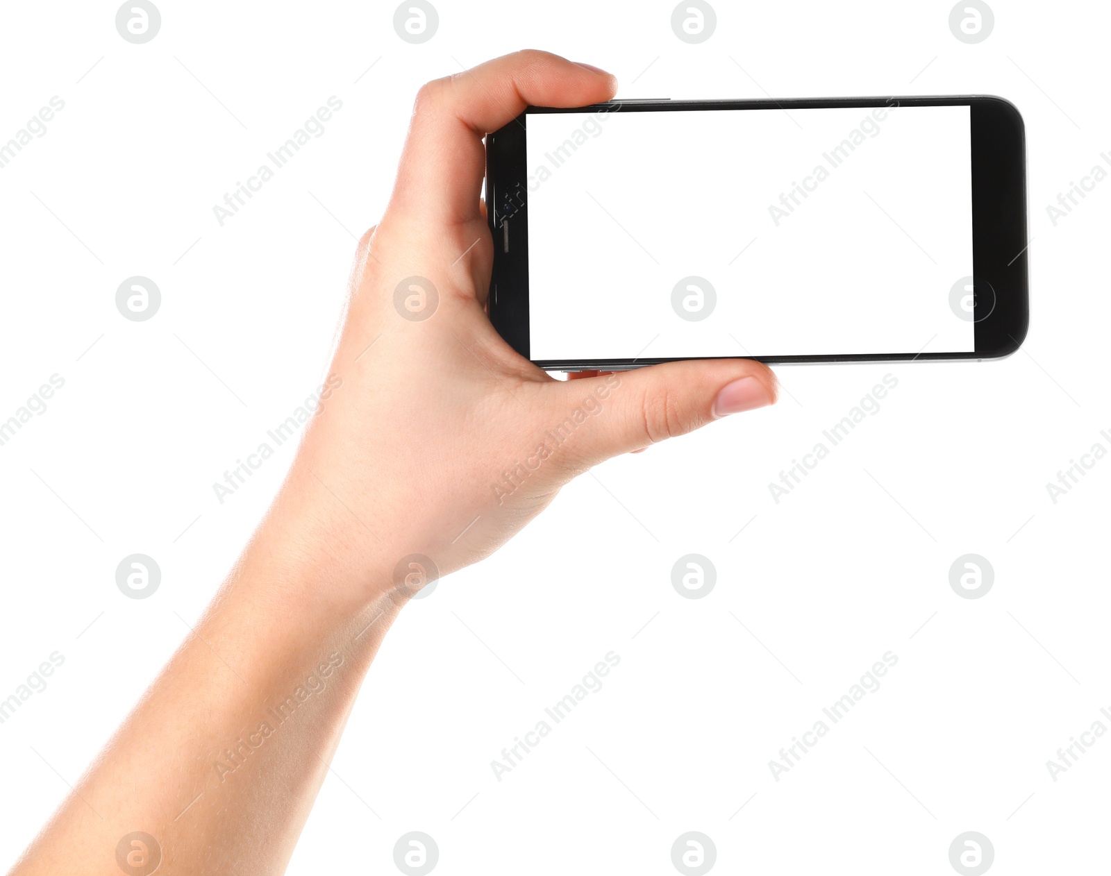 Photo of Man holding smartphone with blank screen on white background, closeup of hand. Space for text