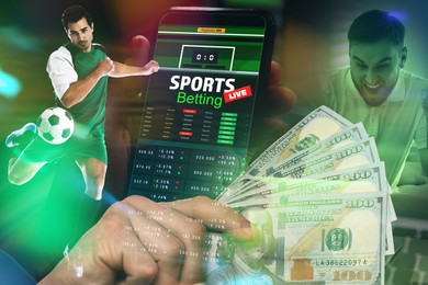 Image of Sports betting. Multiple exposure with football player, money, website page and emotional man