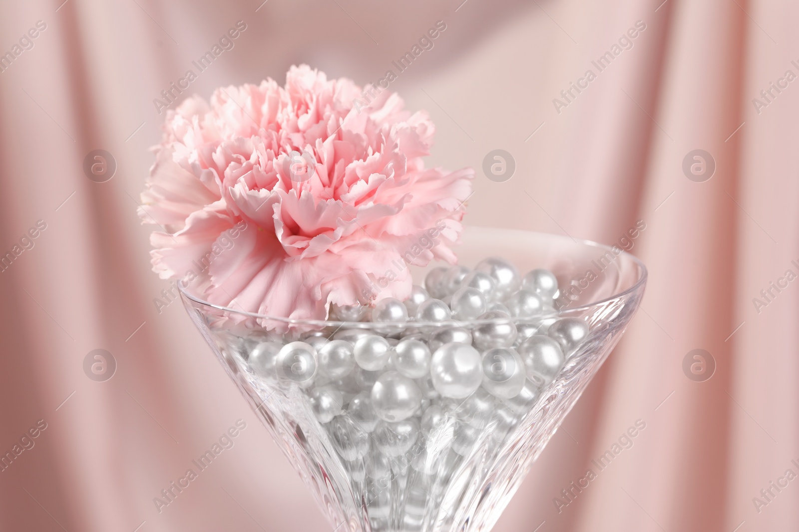 Photo of Martini glass with silver beads and pink flower near cloth, closeup