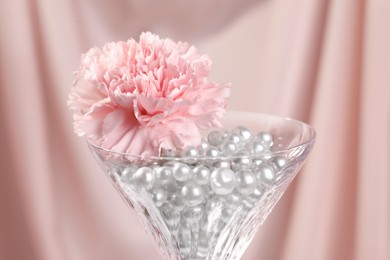 Martini glass with silver beads and pink flower near cloth, closeup