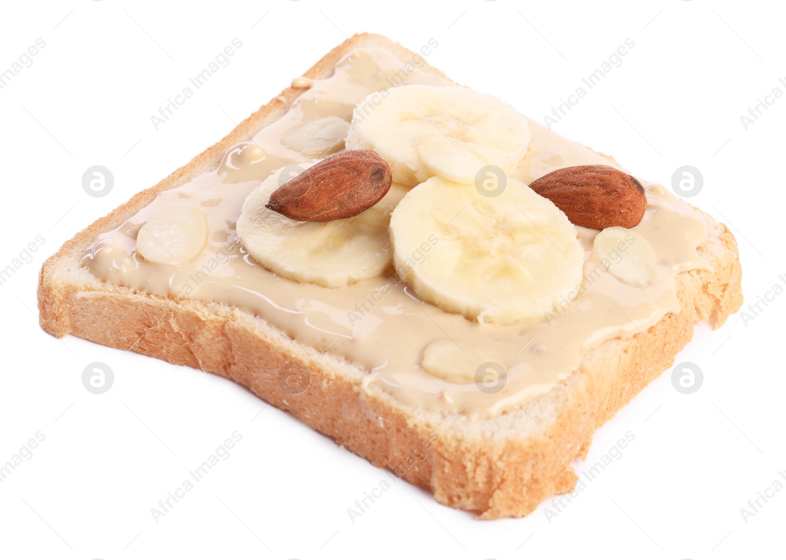 Photo of Toast with tasty nut butter, banana slices and almonds isolated on white
