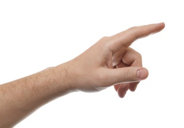 Man pointing at something on white background, closeup