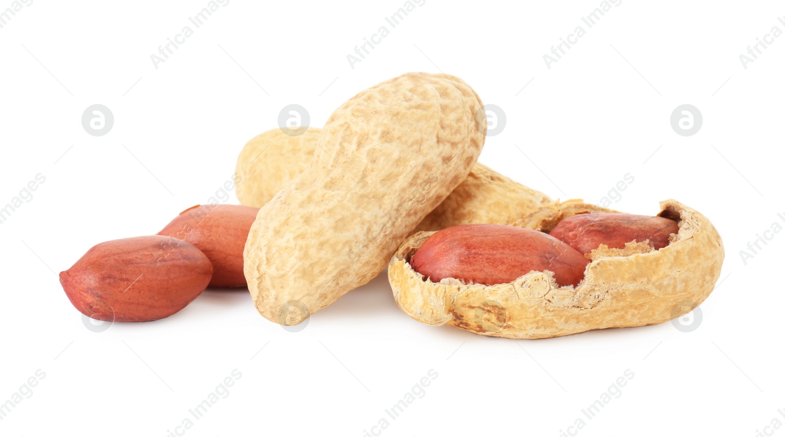 Photo of Fresh peanuts isolated on white. Healthy snack