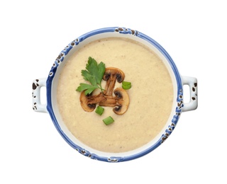 Photo of Bowl of fresh homemade mushroom soup on white background, top view