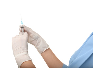 Photo of Female doctor with syringe on white background, closeup. Medical object