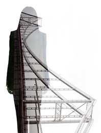 Image of Double exposure of businesswoman and bridge on white background