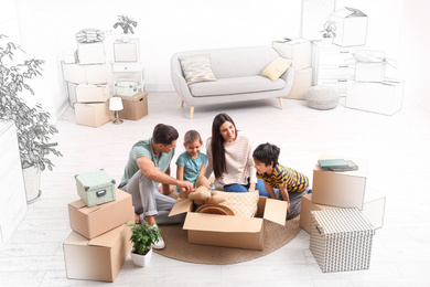 Image of Happy family unpacking moving boxes in their new house