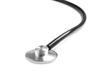 Photo of Stethoscope isolated on white, closeup. Medical tool