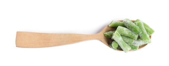 Photo of Frozen green beans in wooden spoon isolated on white, top view. Vegetable preservation