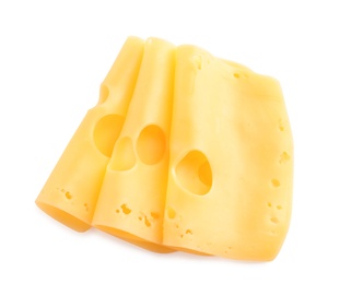 Slices of tasty maasdam cheese on white background, top view