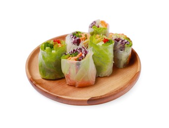 Photo of Plate of different delicious spring rolls wrapped in rice paper isolated on white