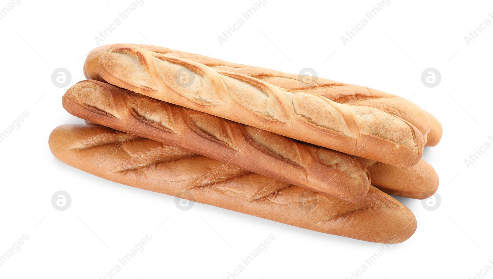 Photo of Tasty baguettes on white background. Fresh bread