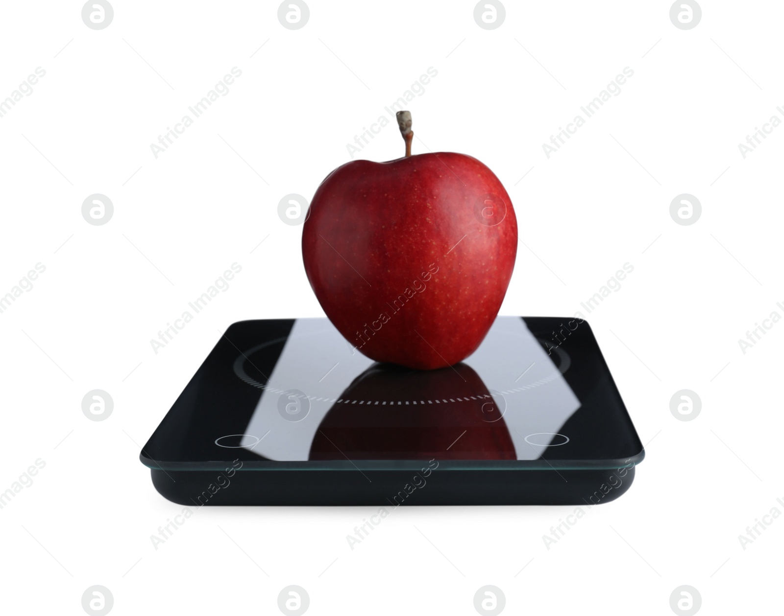 Photo of Digital kitchen scale with ripe red apple on white background