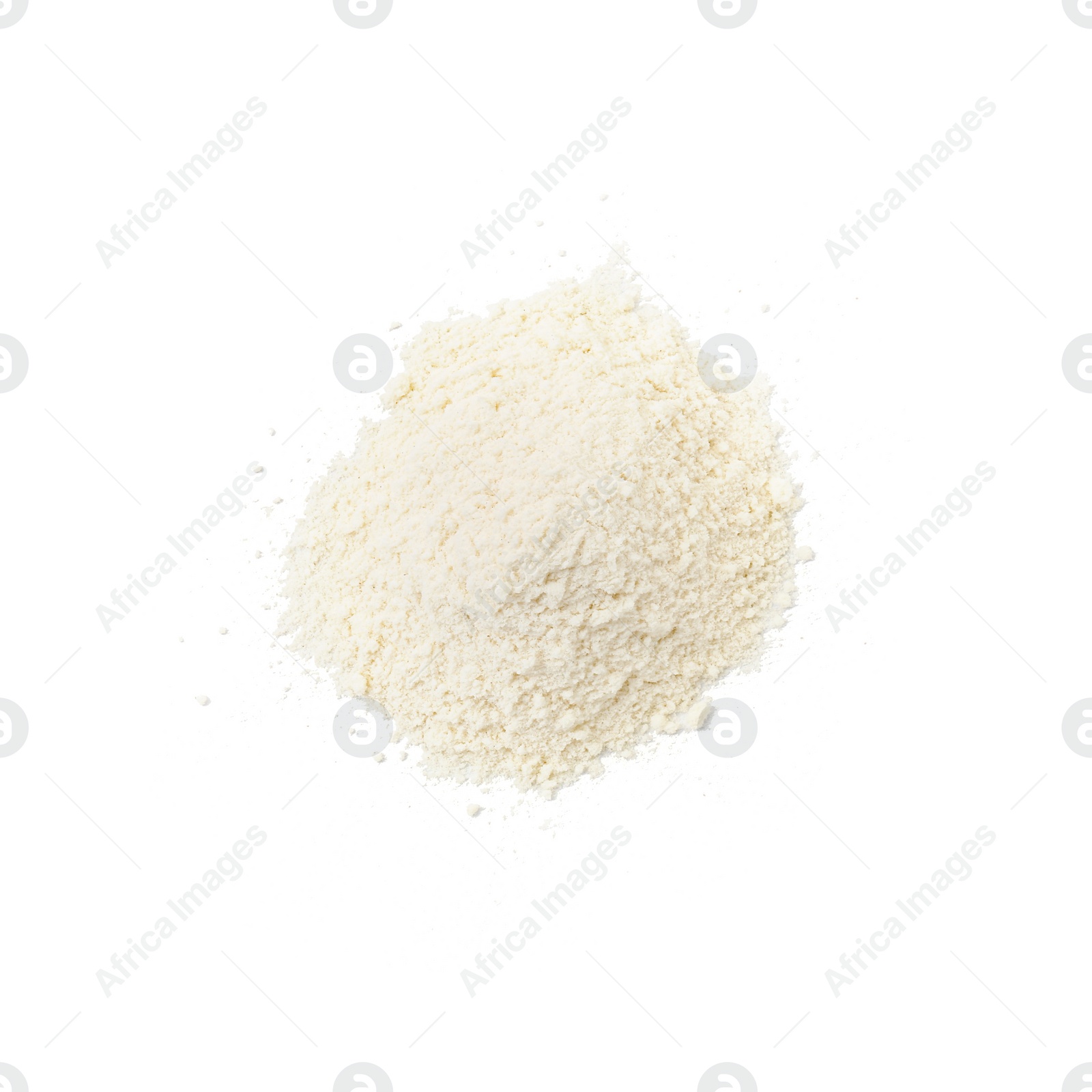 Photo of Heap of baking powder isolated on white, top view