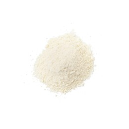 Photo of Heap of baking powder isolated on white, top view