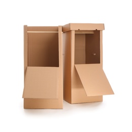 Photo of Empty cardboard wardrobe boxes on white background