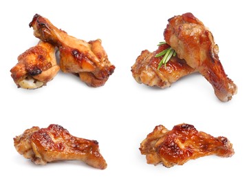 Set with tasty roasted chicken wings on white background