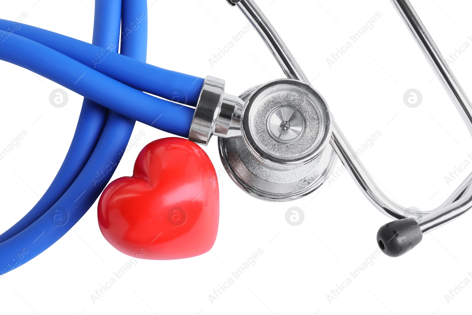Photo of Stethoscope and red heart isolated on white, top view