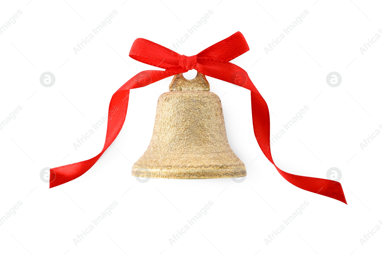 Photo of Golden shiny bell with red bow isolated on white. Christmas decoration