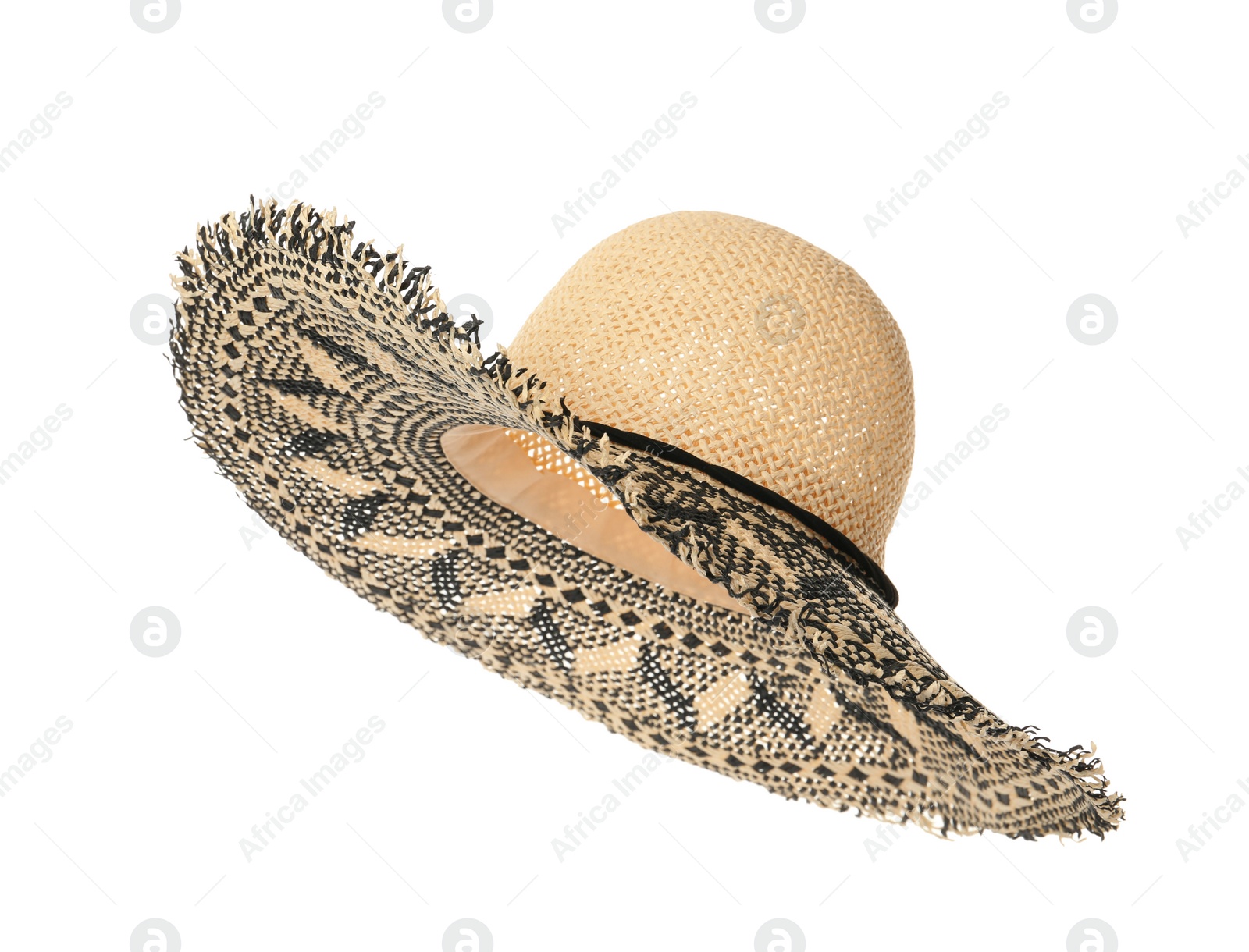 Photo of Stylish straw hat isolated on white. Fashionable accessory